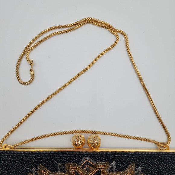 VTG Black & Gold Hand-Beaded Evening Bag Ornate Design & Chain Strap By Walborg - Picture 7 of 16